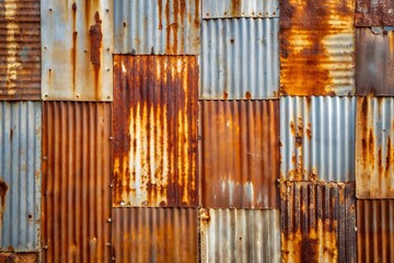 Processed collage of old rusty metal sheet texture in daylight. Background for banner, backdrop or texture for 3D mapping