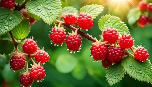 frische Himbeeren rot saftig Ernte reif an Himbeerstrauch mit glitzernden Tau Wasser Tropfen Nahaufnahme im warmen Licht und Sonnenstrahlen Bio- &Ouml;ko-  gesunde Fr&uuml;chte Obst Anbau Garten