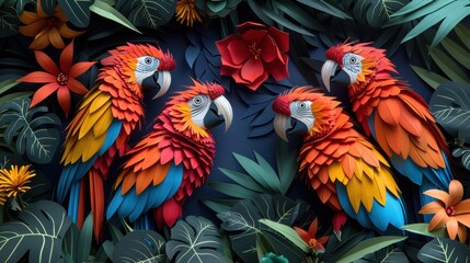 Fototapeta premium Paper cut birds in a tropical aviary zoo.