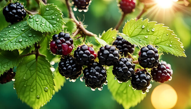 frische Brombeeren schwarz saftig Ernte reif an Brombeerstrauch mit glitzernden Tau Wasser Tropfen Nahaufnahme im warmen Licht und Sonnenstrahlen Bio- &Ouml;ko-  gesunde Fr&uuml;chte Obst Anbau Garten Beeren
