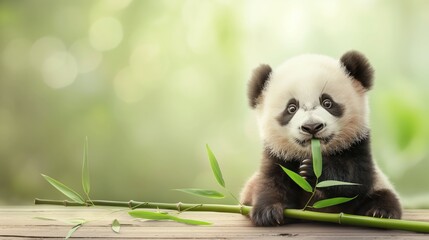 Cute funny panda cub eating bamboo 