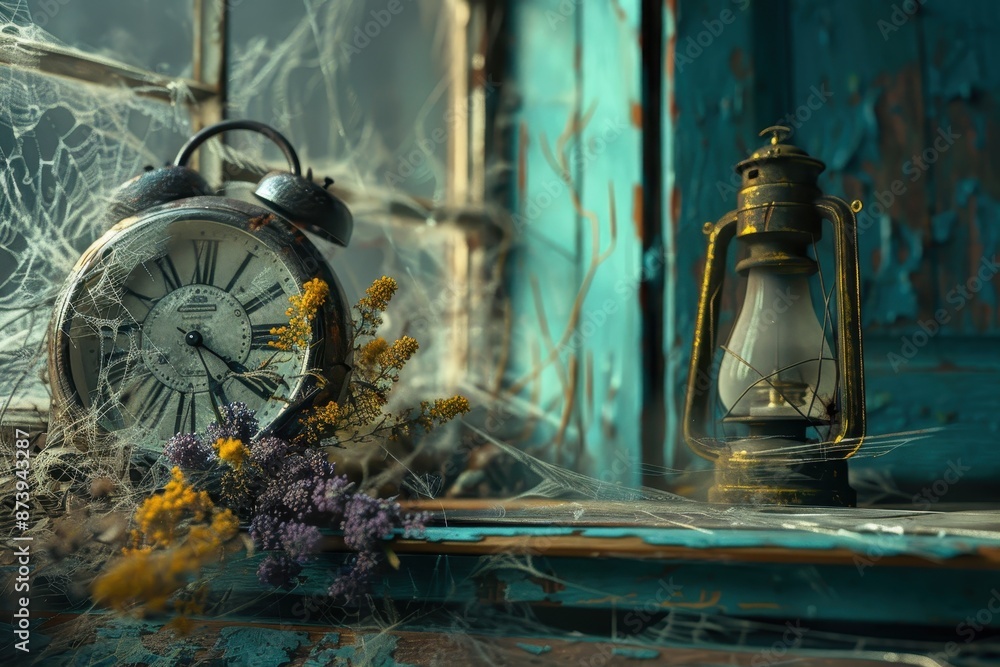 Poster a clock with roman numerals and a lantern on a table
