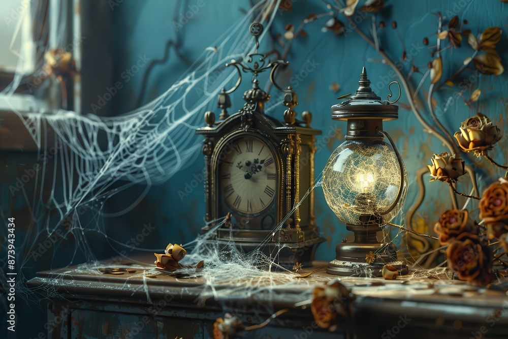 Poster a clock with roman numerals and a lantern on a table