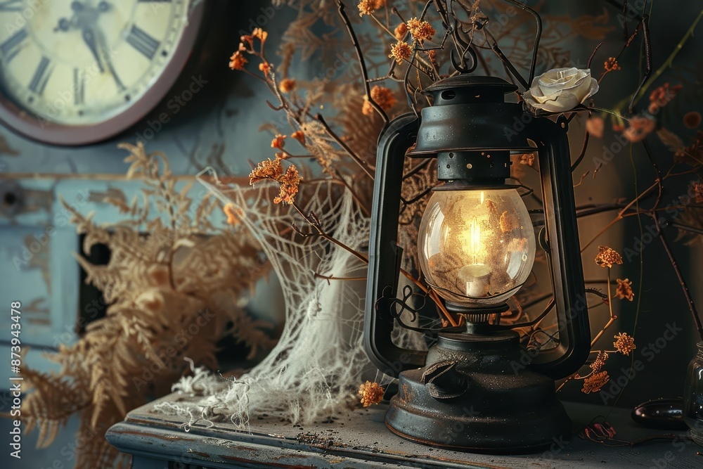 Poster a clock with roman numerals and a lantern on a table