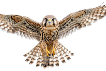 Fototapeta premium A kestrel mid-soar, wings wide, isolated on a white background
