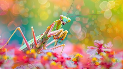 Playful Mantis Mid Leap in Vibrant Floral Backdrop