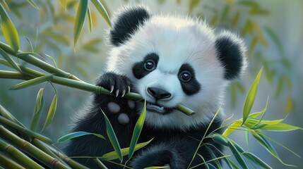 Obraz premium Cute funny panda cub eating bamboo 