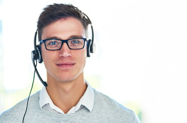Man, headset and portrait in workplace or job as virtual assistant, communications staff and...
