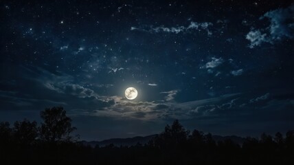 night, sky, moon, dark, star, tree, stars, landscape, nature, silhouette, full, light, forest, blue, space, moonlight, clouds, trees, christmas, black, astronomy, halloween, sunset, time, illustration