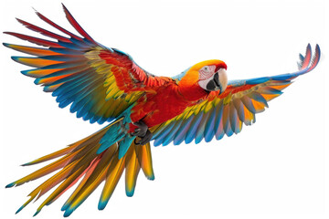 Fototapeta premium A macaw mid-flight, wings colorful, isolated on a white background