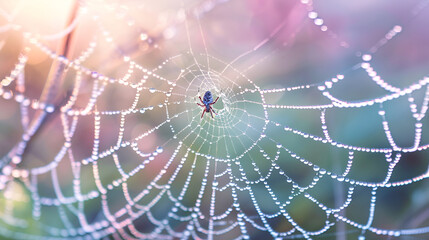 Dew-Covered Spider Web at Sunrise
