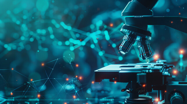 Research and development concept background showing a scientist or researcher using a microscope in a biotechnology laboratory. Overlay includes DNA strands and molecular symbols, illustrating 