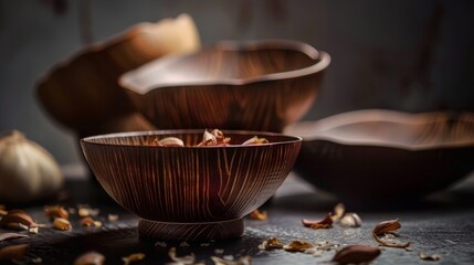 Elegant Wooden Bowls with Garlic and Spices