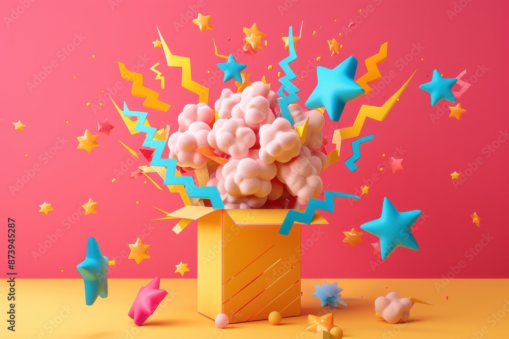 Poster a box full of colorful balloons and stars is exploding
