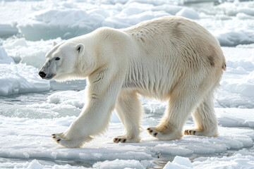 Polar bear walking across icy terrain, with a powerful stride