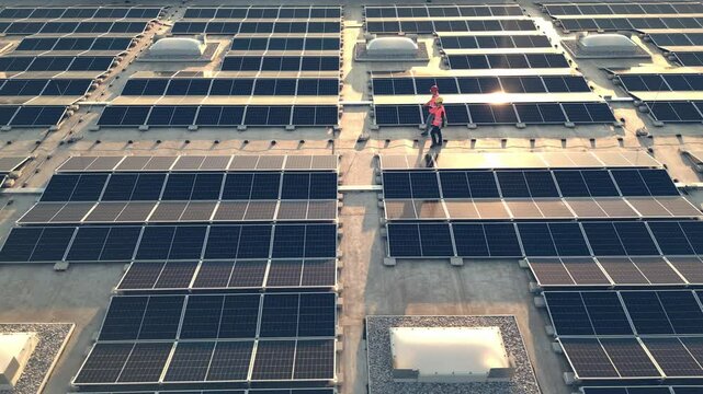 Engineers walking on rooftop photovoltaic array during sunset, rotating drone shot. Workers inspecting sunlit solar panel cells installation on roof aerial view