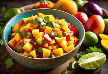 vibrant mango salsa fresh tropical fruit salad healthy eating, colorful, appetizing, delicious, organic, vegetarian, raw, exotic, juicy, refreshing, chopped