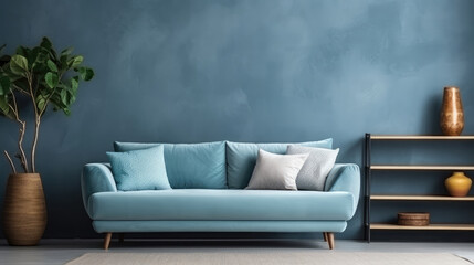 Interior of living room with blue wall and sofa, generative ai