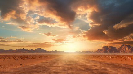 Road in the desert at sunset through the clouds., generative ai