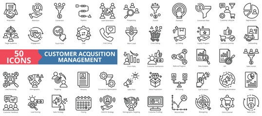 Customer acquisition management icon collection set. Containing retention, conversion, pipeline, lead generation, sales funnel icon. Simple line vector.