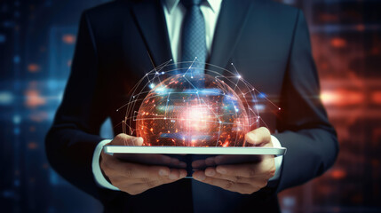 businessman holding pad in technology data background., generative ai