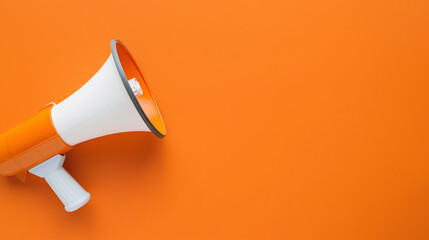 Refer a Friend business concept depicted with a paper cup megaphone on an orange background, emphasizing attention and announcement. Minimalistic flat lay with ample copy space.