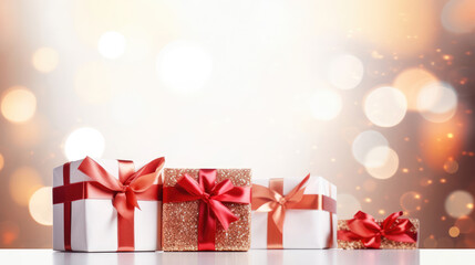 Fototapeta premium Gift boxes with red ribbons on white background with bokeh background., generative ai