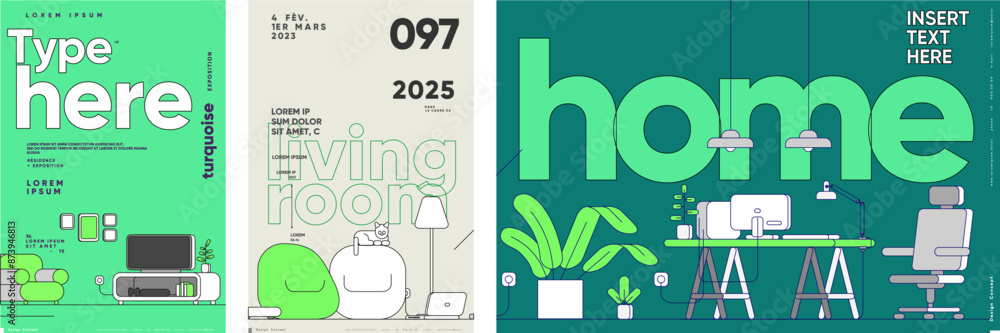 Poster a set of vibrant green concept posters featuring modern home environments with clean lines and bold 