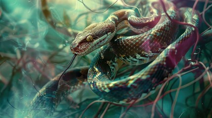Fototapeta premium Surreal Serpent Intertwined with Ethereal Tendrils Blurring the Boundaries of Nature and the Supernatural
