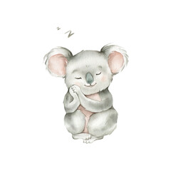 Cute kawaii koala sitting and sleeping watercolor illustration. hand drawn illustration australian animal isolated on a white background. Cartoon kids print minimalist scandinavian style. © Ekatmart