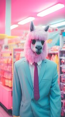 Fototapeta premium Trendy Alpaca in Blue Suit and Pink Tie with Sunglasses in Colorful Store