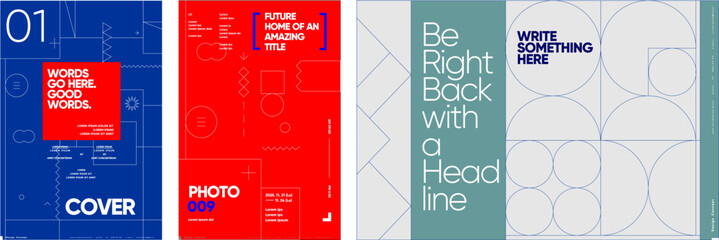 A collection of four modern concept poster designs emphasizing geometric shapes, bold colors, and clean typography, ideal for various media applications.