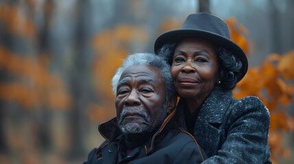 Fototapeta premium Senior African American Couple Sitting Close, Radiating Love and Happiness