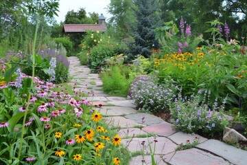 Tranquil stone pathway meanders through a vibrant garden blooming with assorted flowers