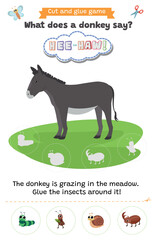 Learning animal sounds. Cut and glue educational children game. What does a donkey say? hee-haw. Matching shadow game worksheet for kids.	