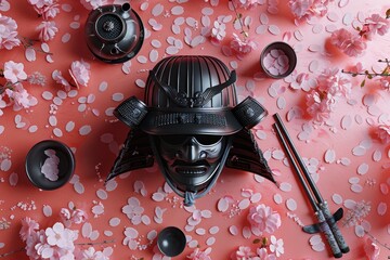 A black samurai helmet sits on a red background with cherry blossoms