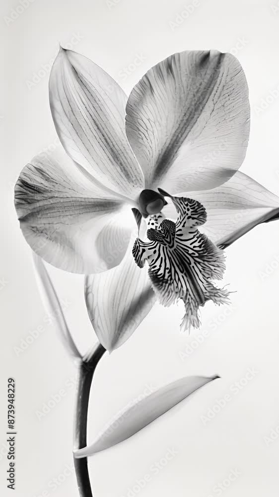 Poster the contrast between the smooth glossy petals and the fuzzy stem of a monochrome orchid creating an 