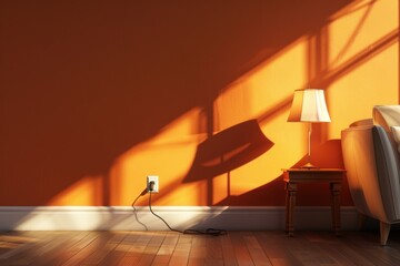 A living room with a couch, a table lamp, and a potted plant