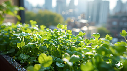 Vibrant balcony garden brimming with a variety of micro-greens, city skyline