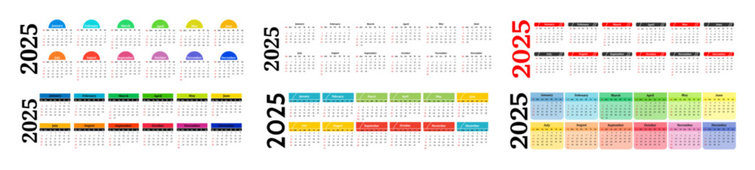 Calendar for 2025 isolated on a white background