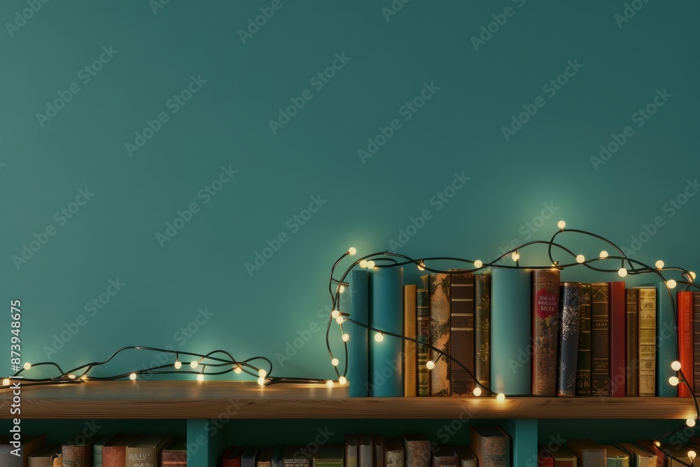 Poster a shelf full of books with a string of lights hanging from it