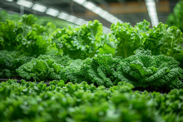 Green leafy crops growing in a spacious greenhouse.