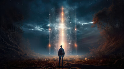 Fototapeta premium A person standing in the front of huge obstacle with a shining light coming., generative ai