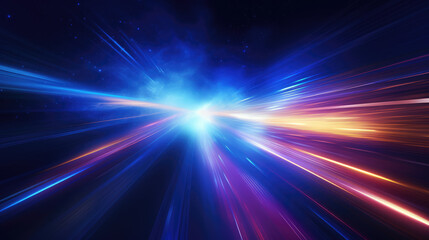 Digital image of light rays, stripes lines with blue light in the landscape, speed and motion blur, science, futuristic, energy technology concept., generative ai