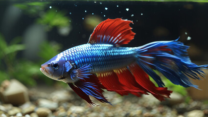 Fototapeta premium It's a colorful fish with long, flowing fins. It's blue, red, and white.