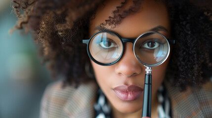 businesswoman holding magnifying glass, audit concept
