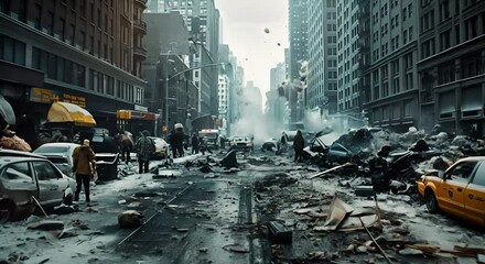 televised news report of New York City being bombed and turned to dust, with people laying dead on the streets and starving