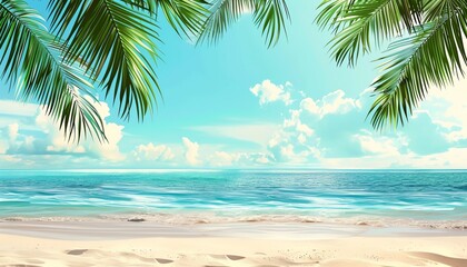 Beautiful Summer Beach Background with Palm Leaves and Ocean View 