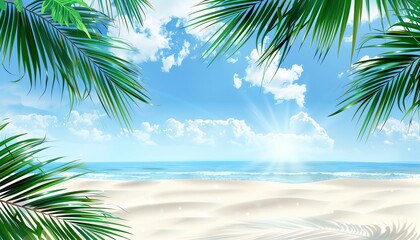 Fototapeta premium Beautiful Summer Beach Background with Palm Leaves and Ocean View 
