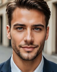 Obraz premium anime, Close-up portrait of a handsome man with striking features and a confident expression, well-groomed, piercing eyes, captivating smile